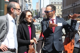 Jane Kim and elected official on San Francisco board of supervisors for district six speaks with other politicaians about traffic safety on one of the streets that has recently been changed so that it is safer for pedestrians. Tuesday 4/14/15 photo by Katie Sanders